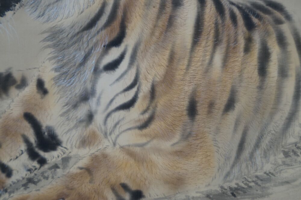 Macro shot of the fur pattern on the tiger's back in the hanging scroll Tiger on Rock