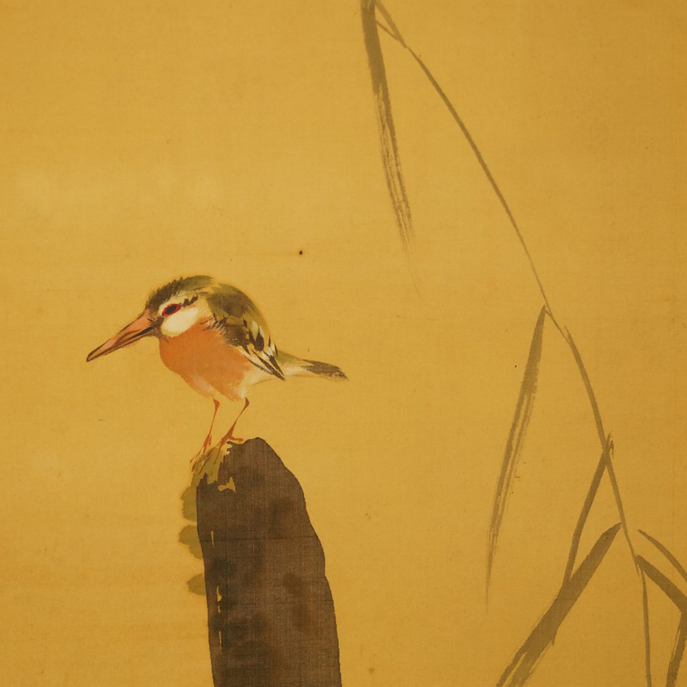 Kingfisher on a weathered wooden post between reeds and morning glories motif close-up preview