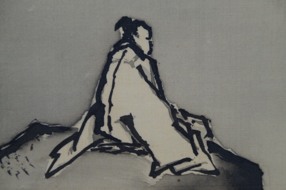 Extreme close-up of the seated scholar in a white robe in the hanging scroll Encounter at the Edge of the Waterfall by Yagioka Shunzan