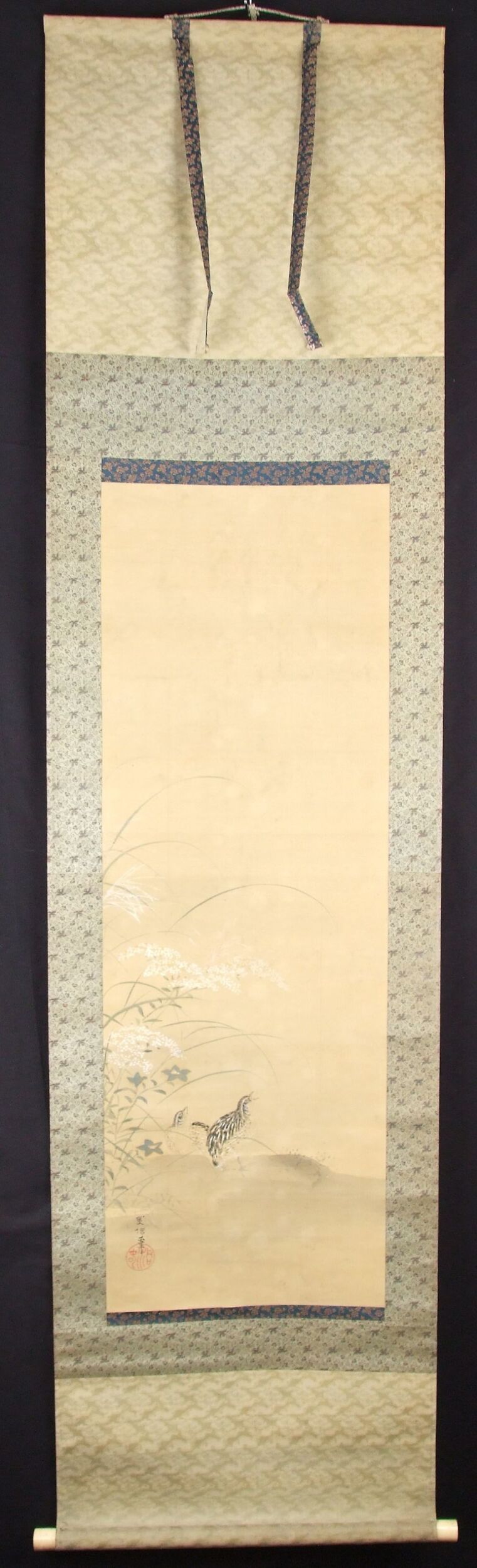 Kakemono Quails in Autumn Grass by Kano Toshun Yoshinobu in full mounted view