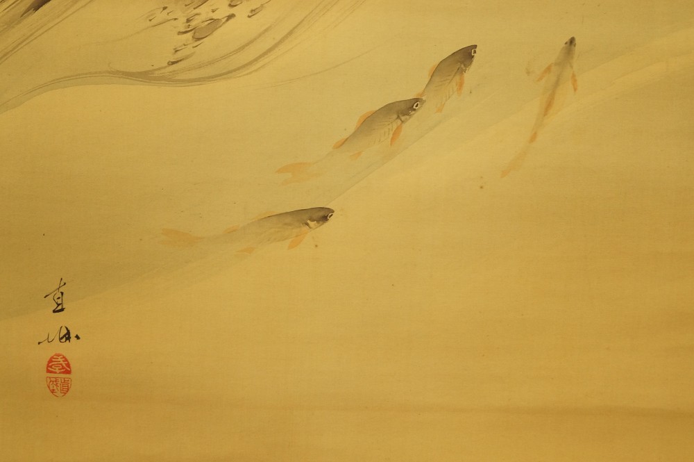 Forellen im stömenden Fluss - japanisches Rollgemälde (Kakejiku, Kakemono) von Fukada Chokushiro