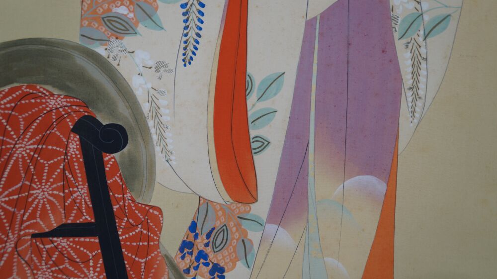 Further Close-Up of the Kimono Sleeve with Wisteria Pattern in the Hanging Scroll Young Woman in Front of Her Kimono Cabinet