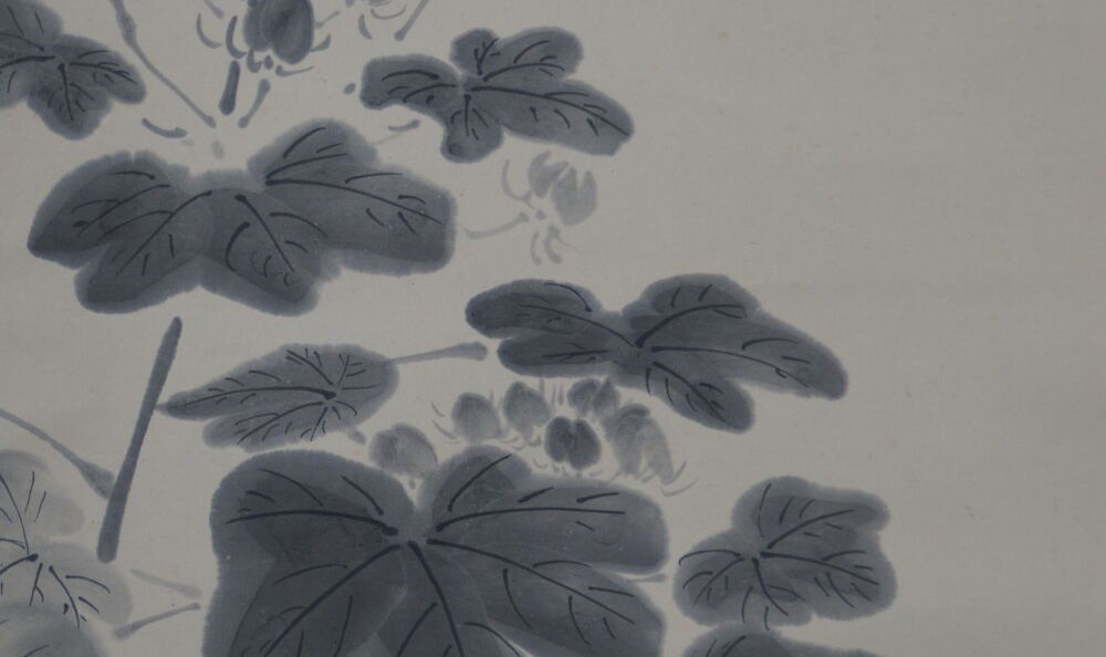 Kakemono by Kawasaki Shōko: hibiscus flowers with a grasshopper, in color on silk.