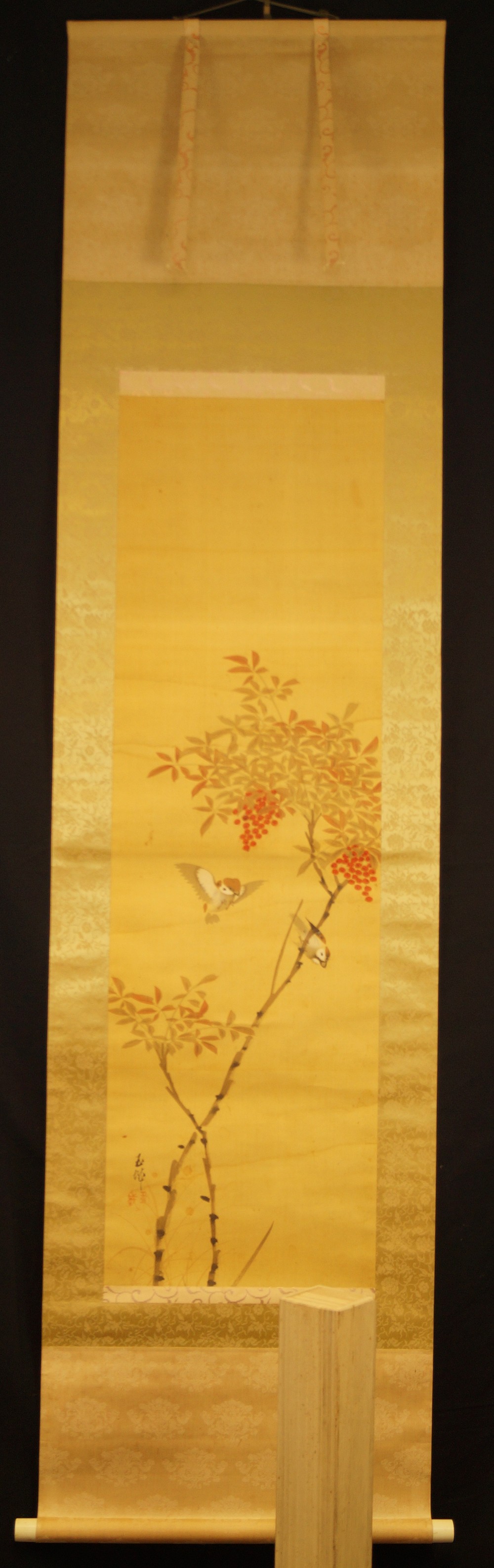 Sparrows at the Rowan Tree full view of hanging scroll