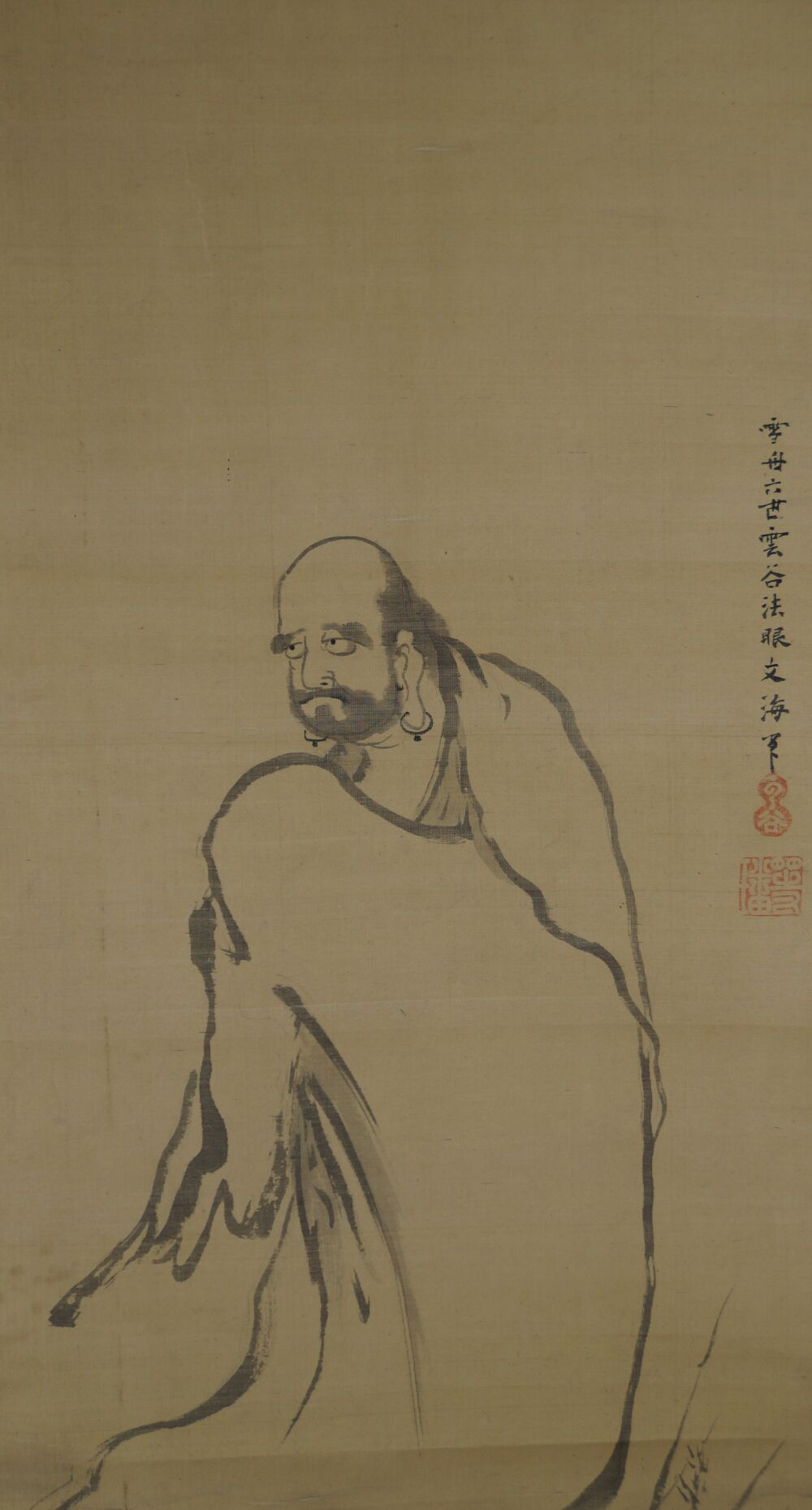Full motif of the hanging scroll Bodhidharma on the Road with the ink-painted figure and inscription, without mounting