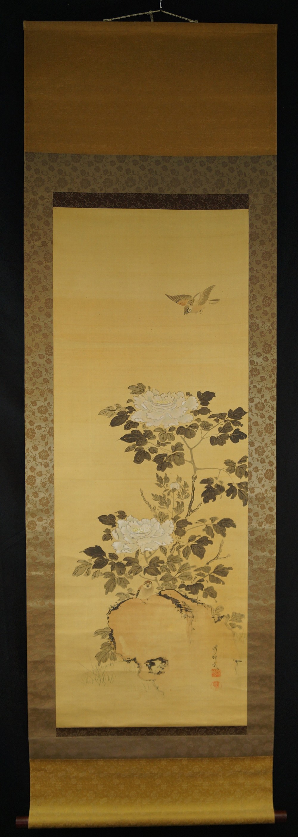 Sparrows and Chrysanthemums Hanging Scroll Full View of Hanging Scroll