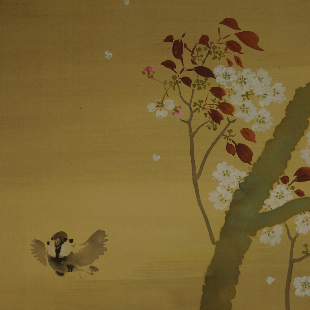 Japanese Hanging Scroll Sparrow and Sakura Motif Close-Up Preview