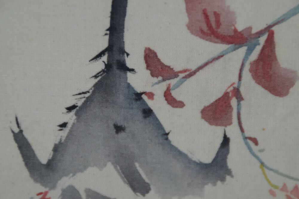 Close-up of the upper eggplant with red branch in the kakemono Japanese Eggplant
