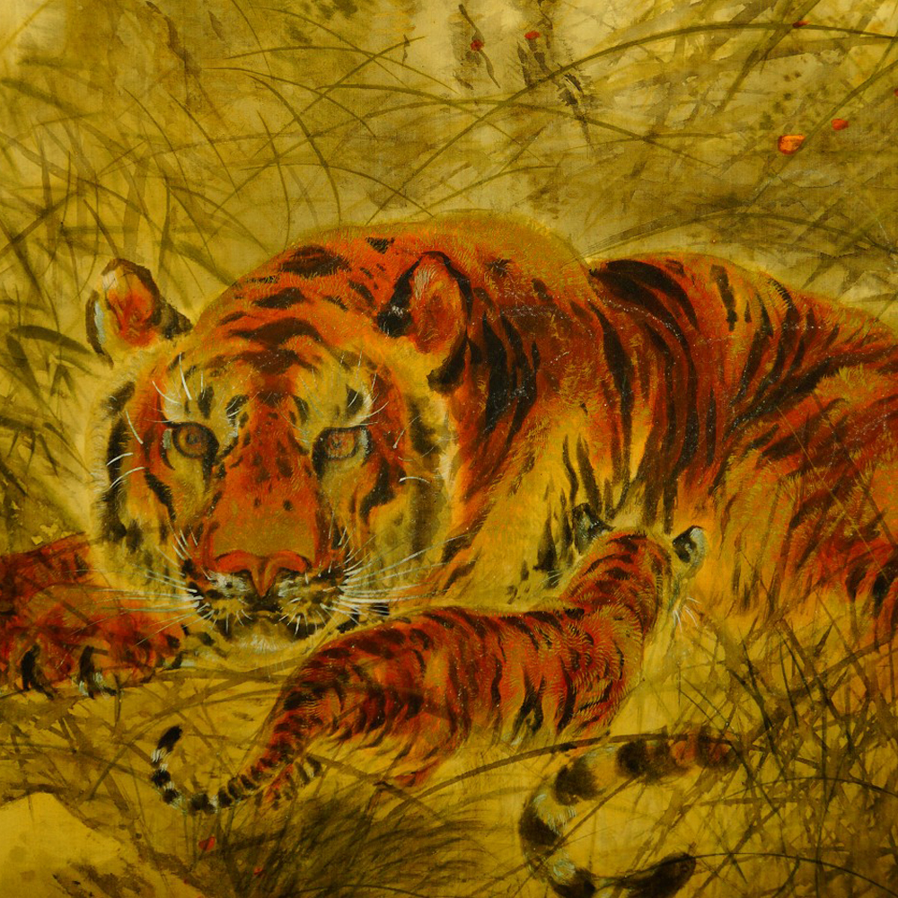 Tiger and Cub Hanging Scroll by Tamaoki Raiseki Motif Close-Up Preview
