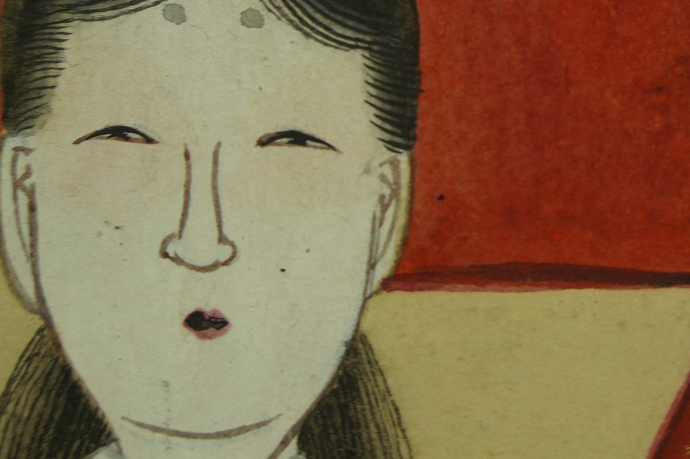 Hina dolls with plum blossoms and vase face close-up