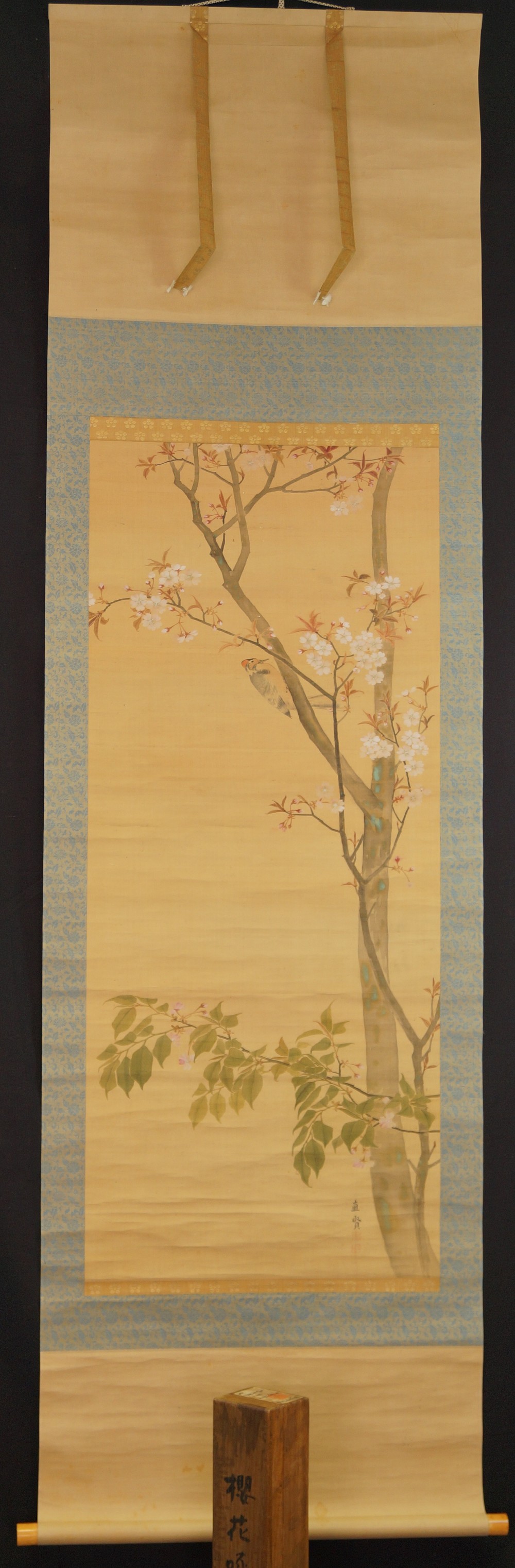 Woodpecker on cherry tree full view hanging scroll