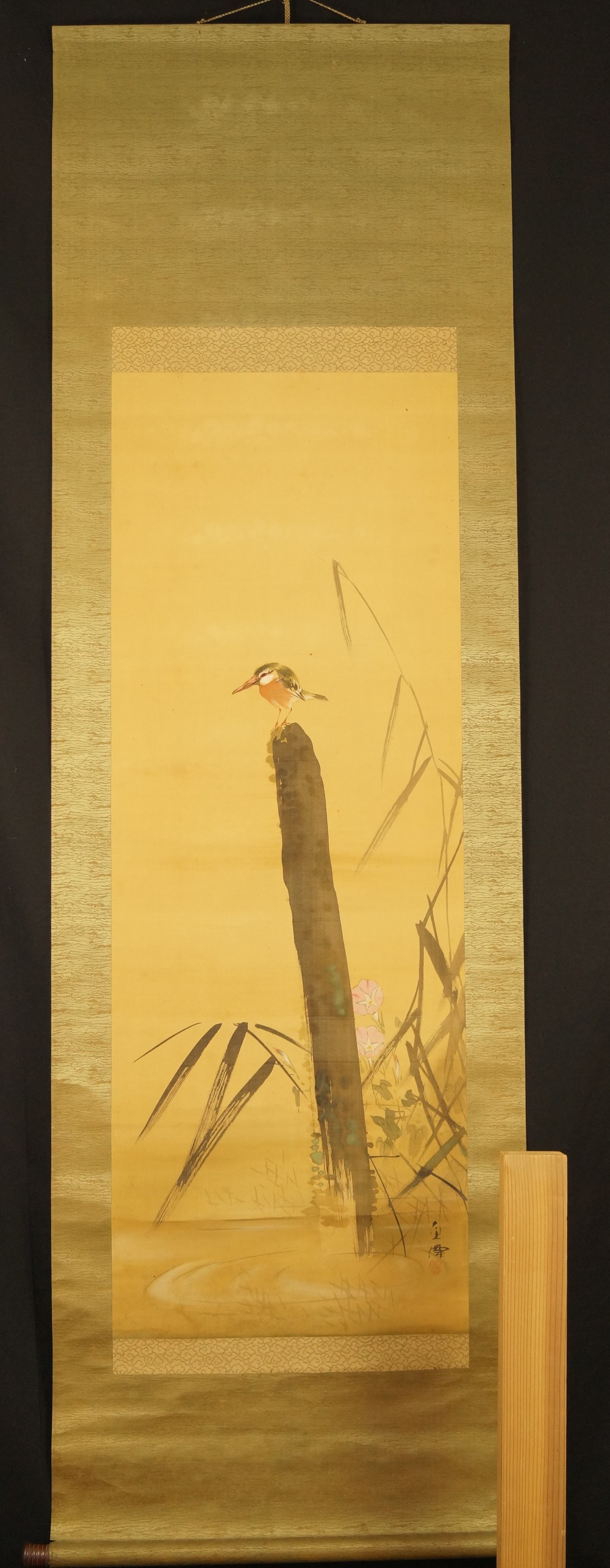 Japanese Hanging Scroll with Kingfisher on a Branch Full View Hanging Scroll