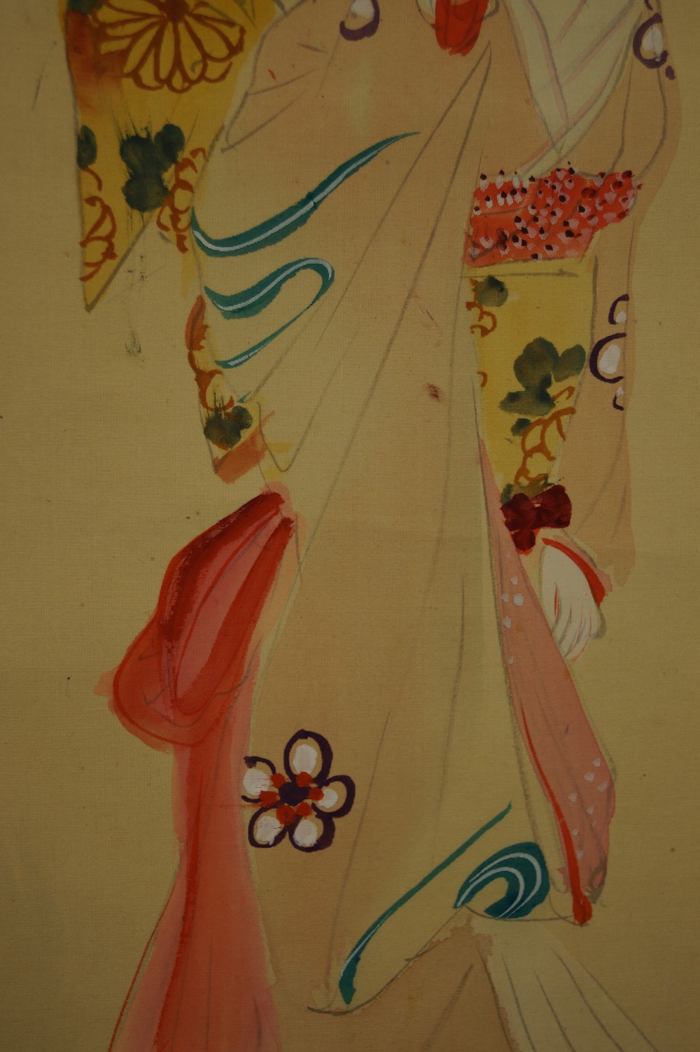 Japanese Hanging Scroll Beauty and Sakura Kimono Motif Close-Up