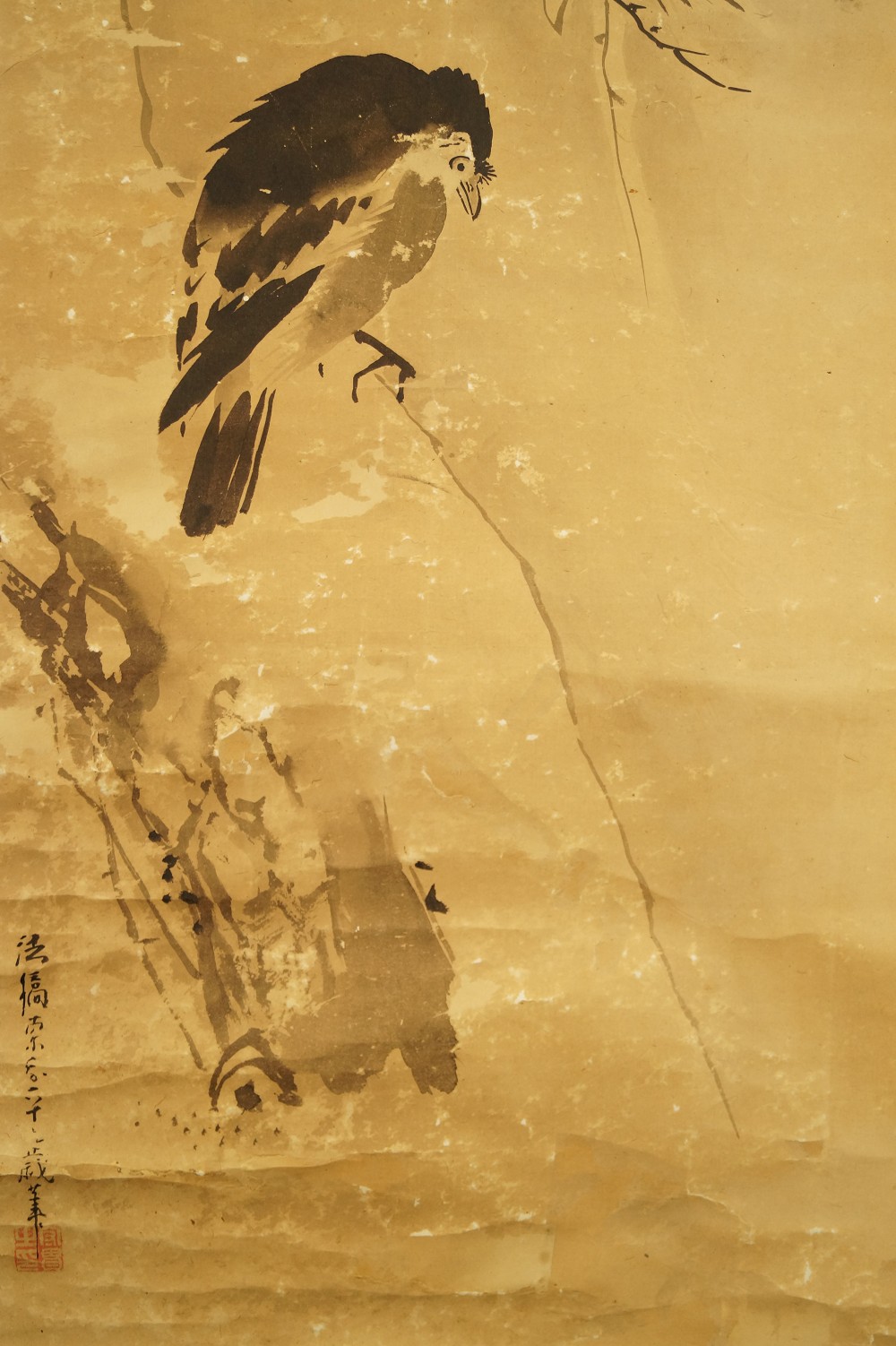Vogel auf einer Kiefer - Japanisches Rollgemälde (Kakejiku, Kakemono) Tanaka Koga