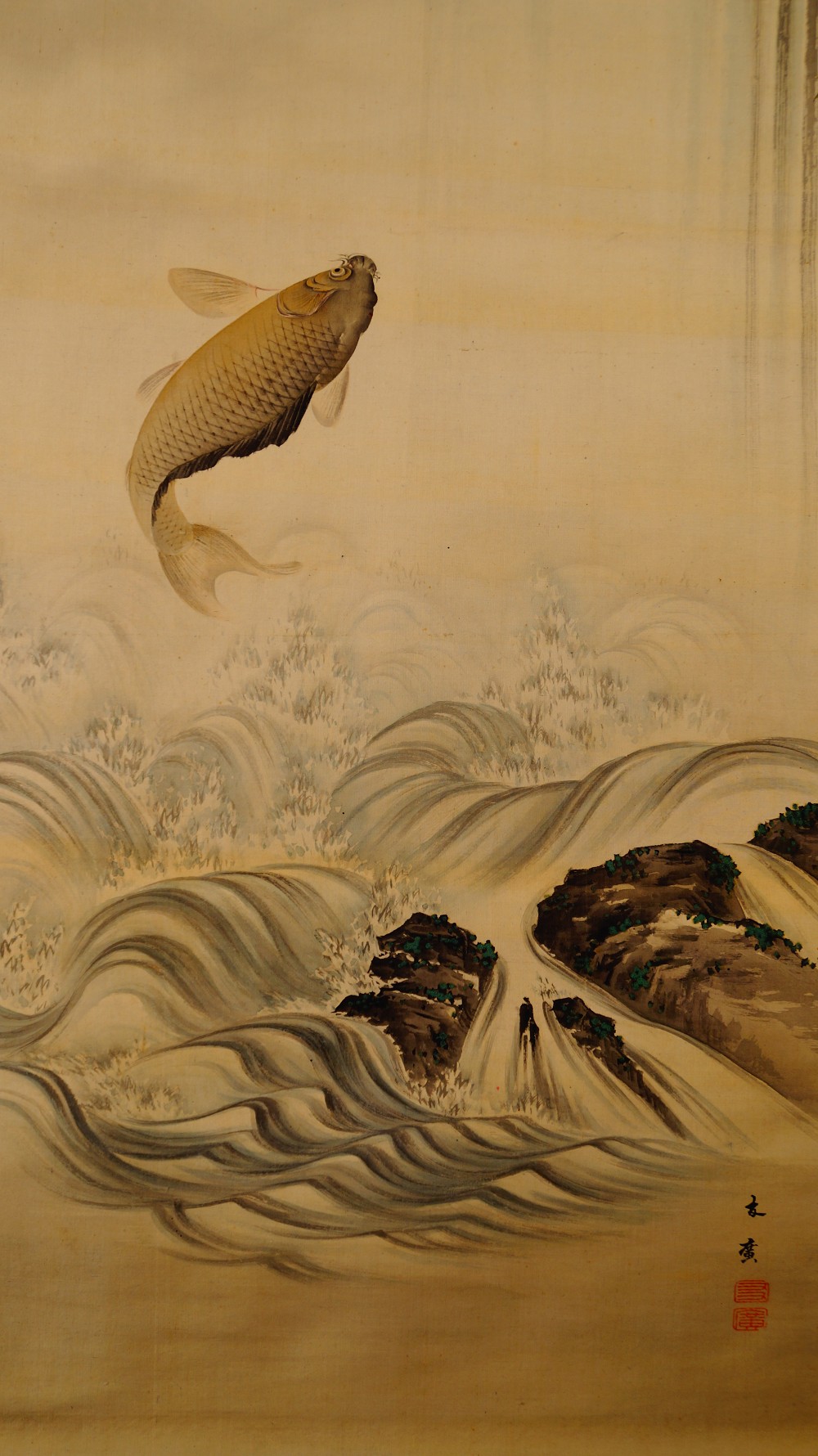 Close-up of the plunging waterfall beneath the pine branches in the hanging scroll Carp Beneath the Waterfall by Takekawa Tomohiro