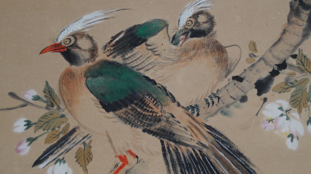Extreme close-up of the two birds with green plumage in the kakemono Spring Duet on Blossoming Branch