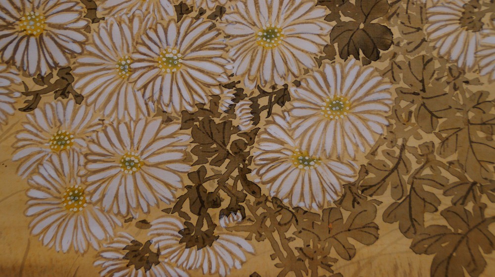 Sparrows Over Chrysanthemums Kakemono by Fukui Kotei Chrysanthemum Motif Close-Up 3