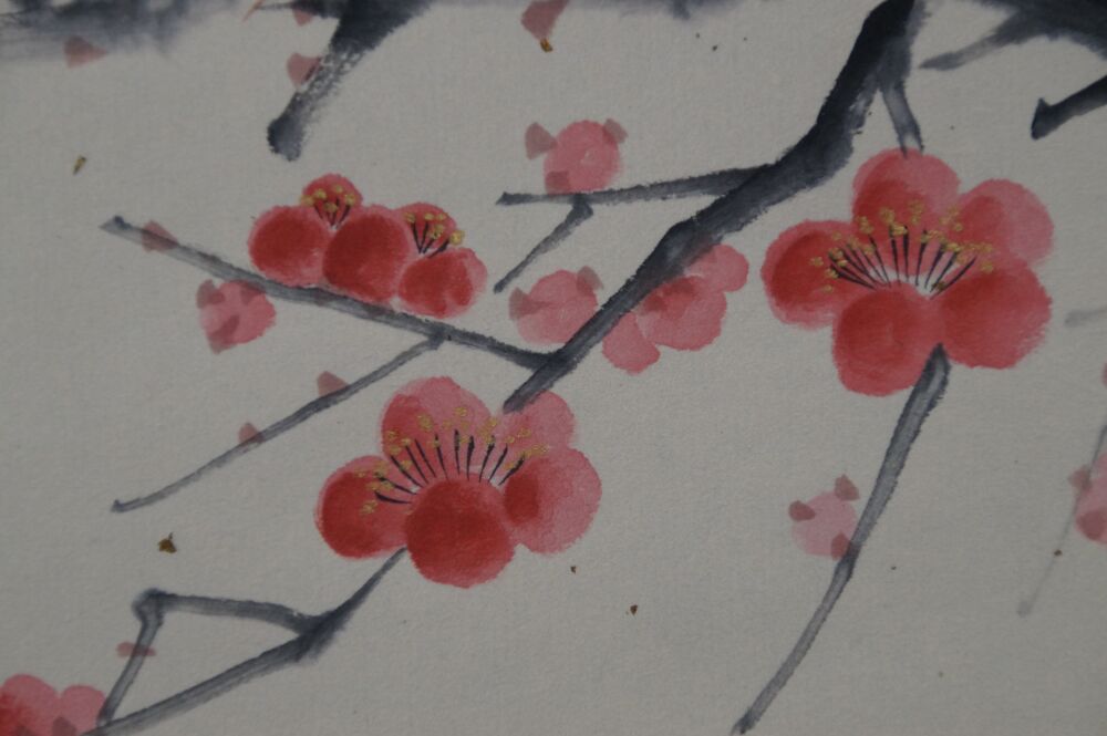 Close-Up of the Delicate Pink Plum Blossoms in the Kakemono Pale Pink Plum Blossoms in Spring Light