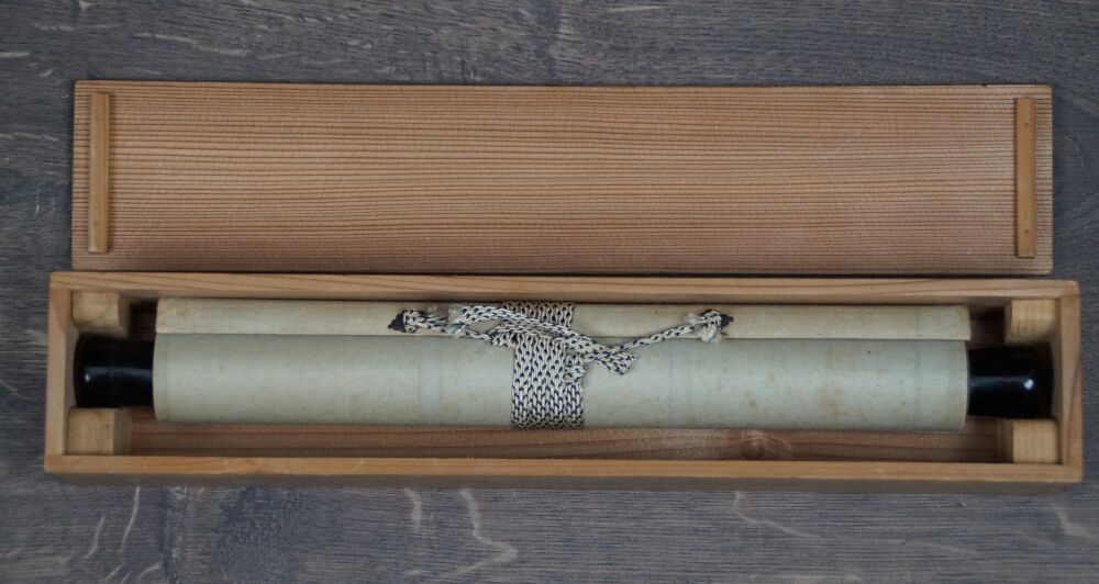 Opened Storage Box with Rolled-Up Kakemono Bodhidharma Straight to the Heart