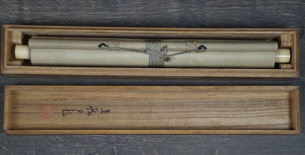 Opened Storage Box with Rolled Up Hanging Scroll Rooster and Plum Blossoms