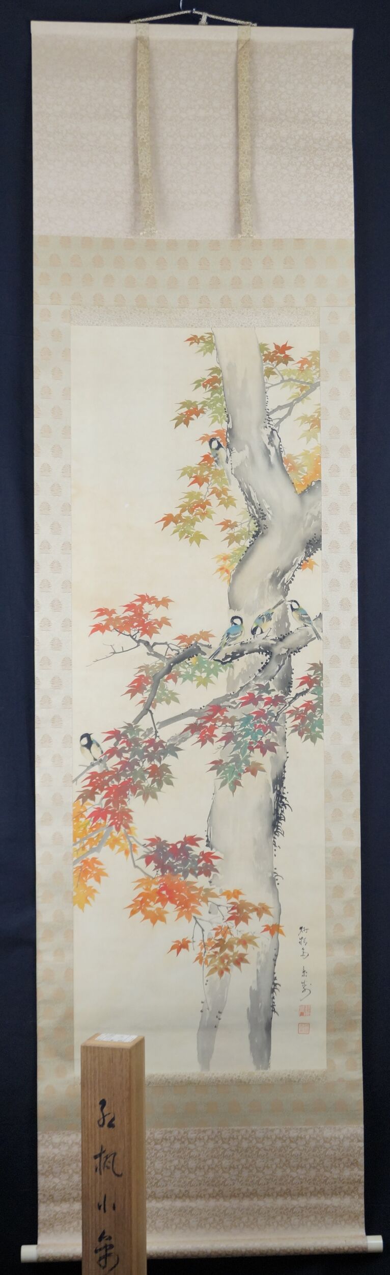 Kakemono Birds in Autumn Maple by Imai Keiju in Full Mounted View with Storage Box
