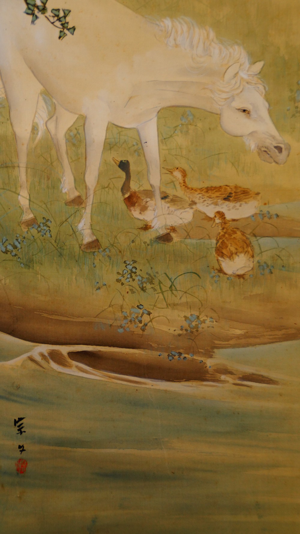 Ducks and Ducklings by the Water's Edge Next to the Signature and Seal of Sobun