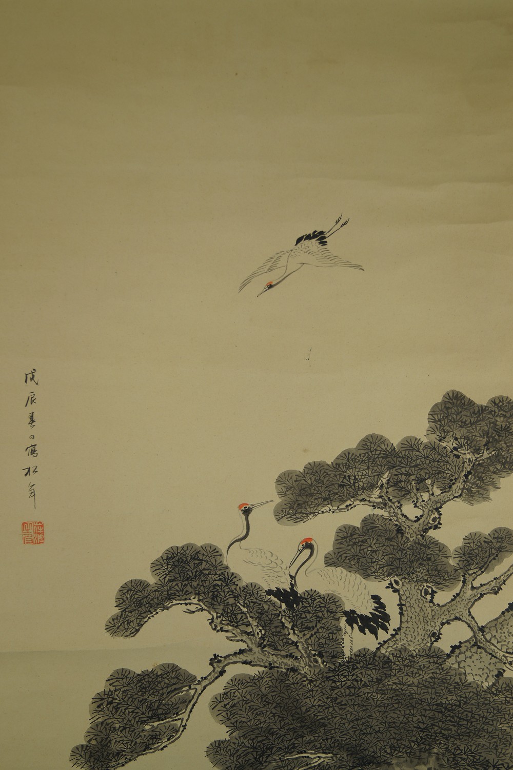 Takasago legend hanging scroll crane motif close-up 1