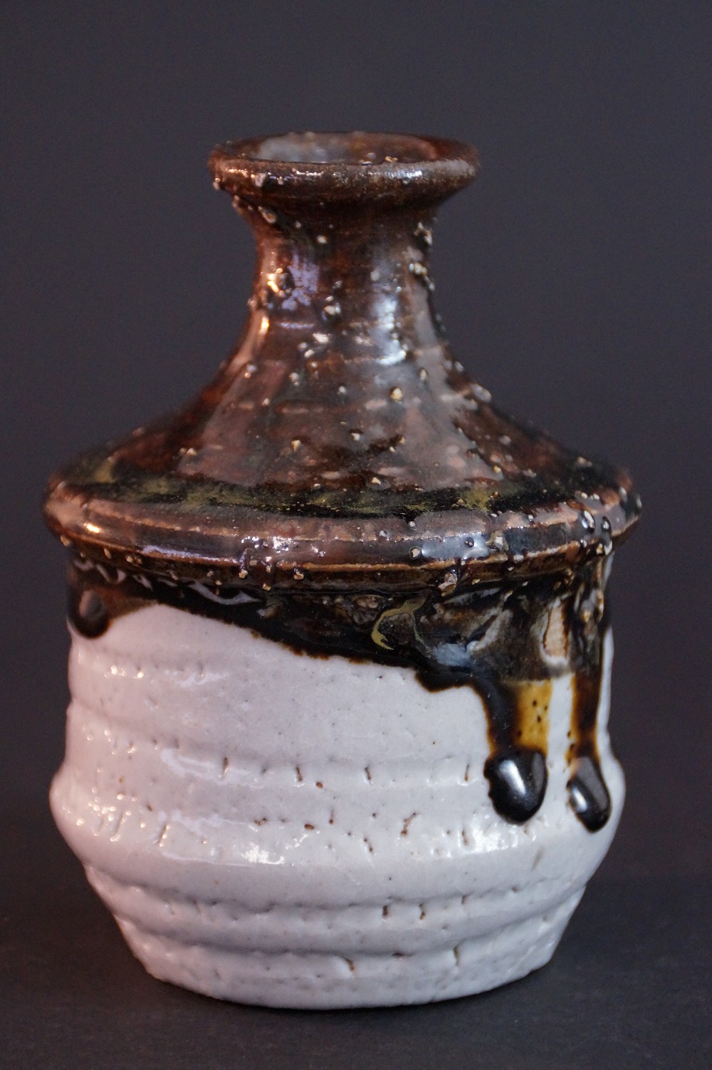 Back view of the tokkuri with teardrop-shaped glaze drips