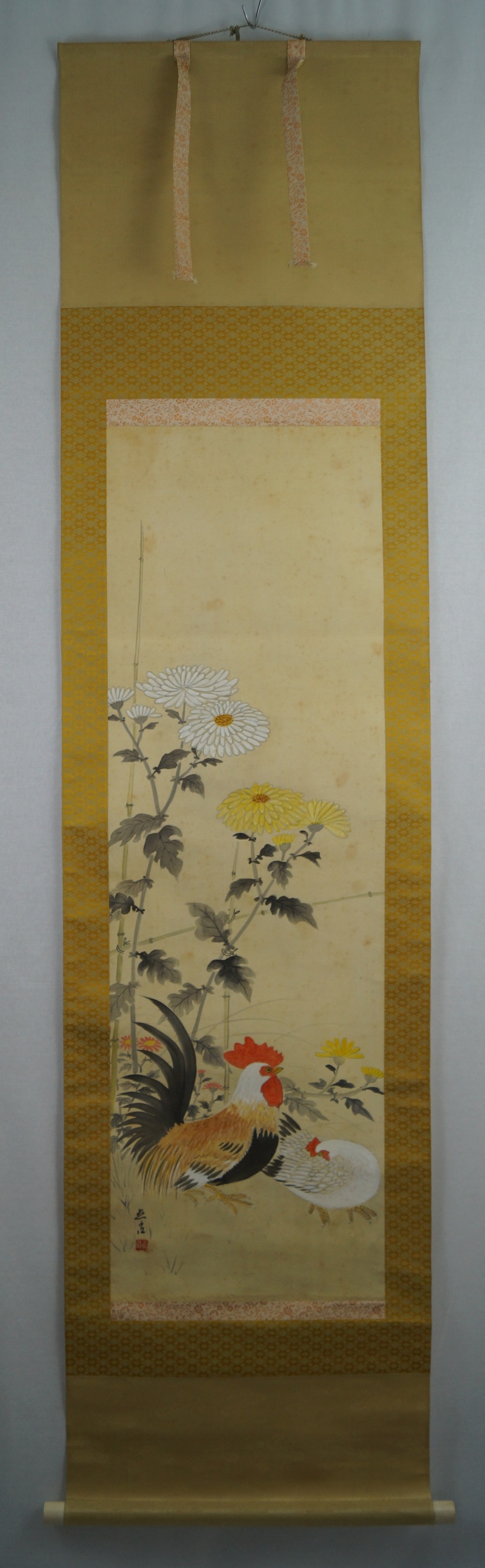 Huehner und Chrysanthemen Gesamtansicht Rollbild