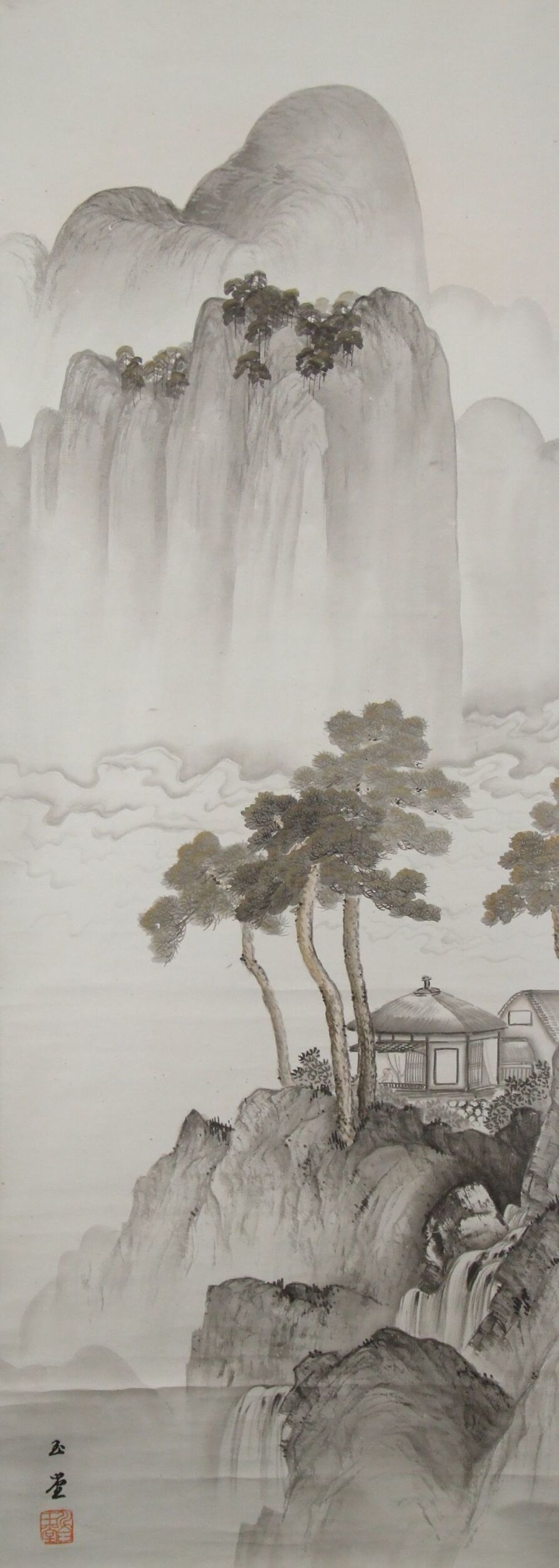 Full motif of the kakemono landscape with pavilion with artist's signature and seal, without mounting