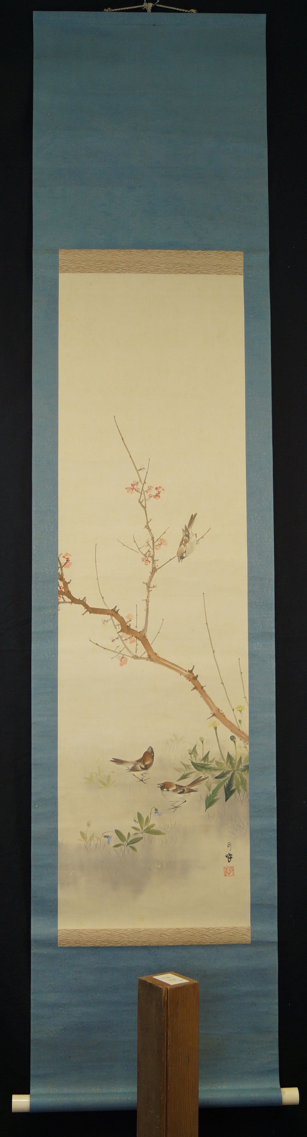 Sparrows on a Plum Tree Branch Full View Hanging Scroll