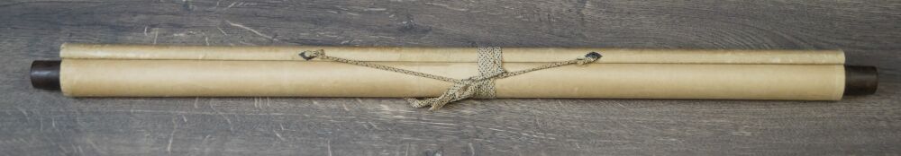 Rolled up hanging scroll Spring Duet on Blossoming Branch with fastening cord and roller ends