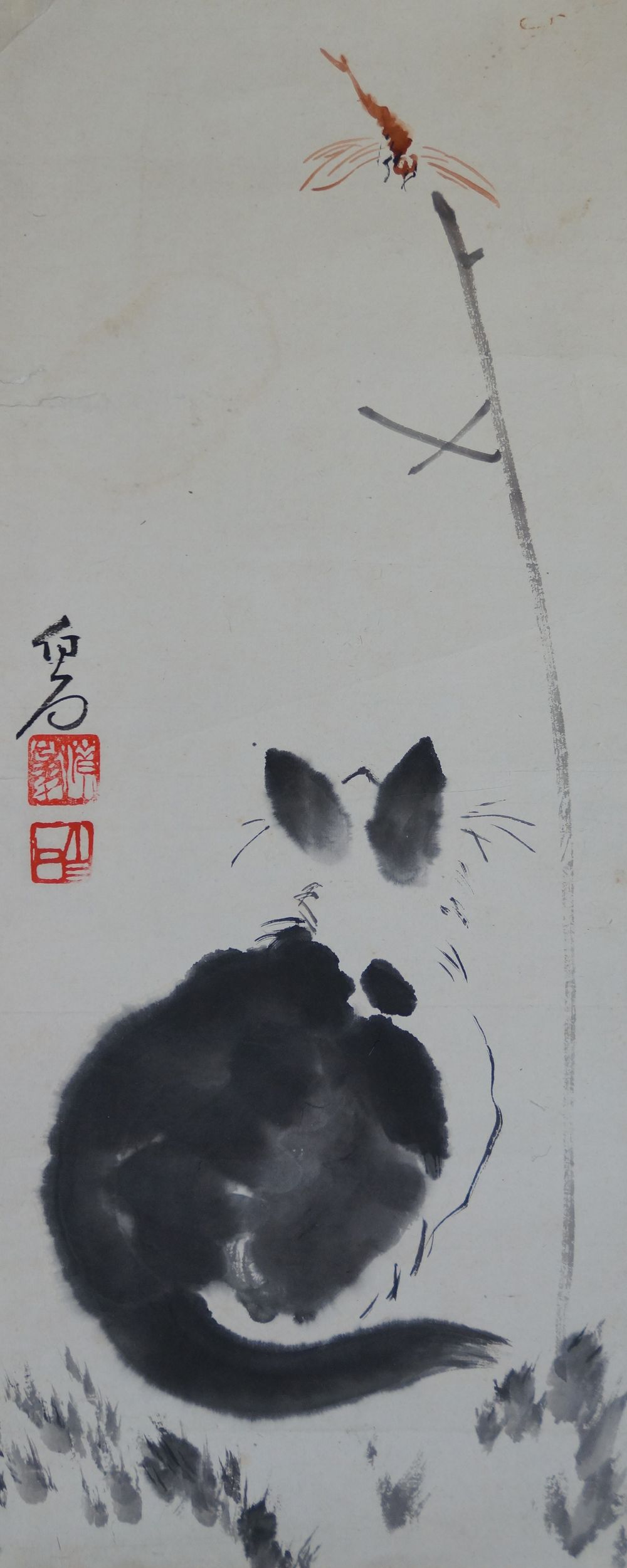 Further View of the Unmounted Makuri Black Cat and Dragonfly in Ink