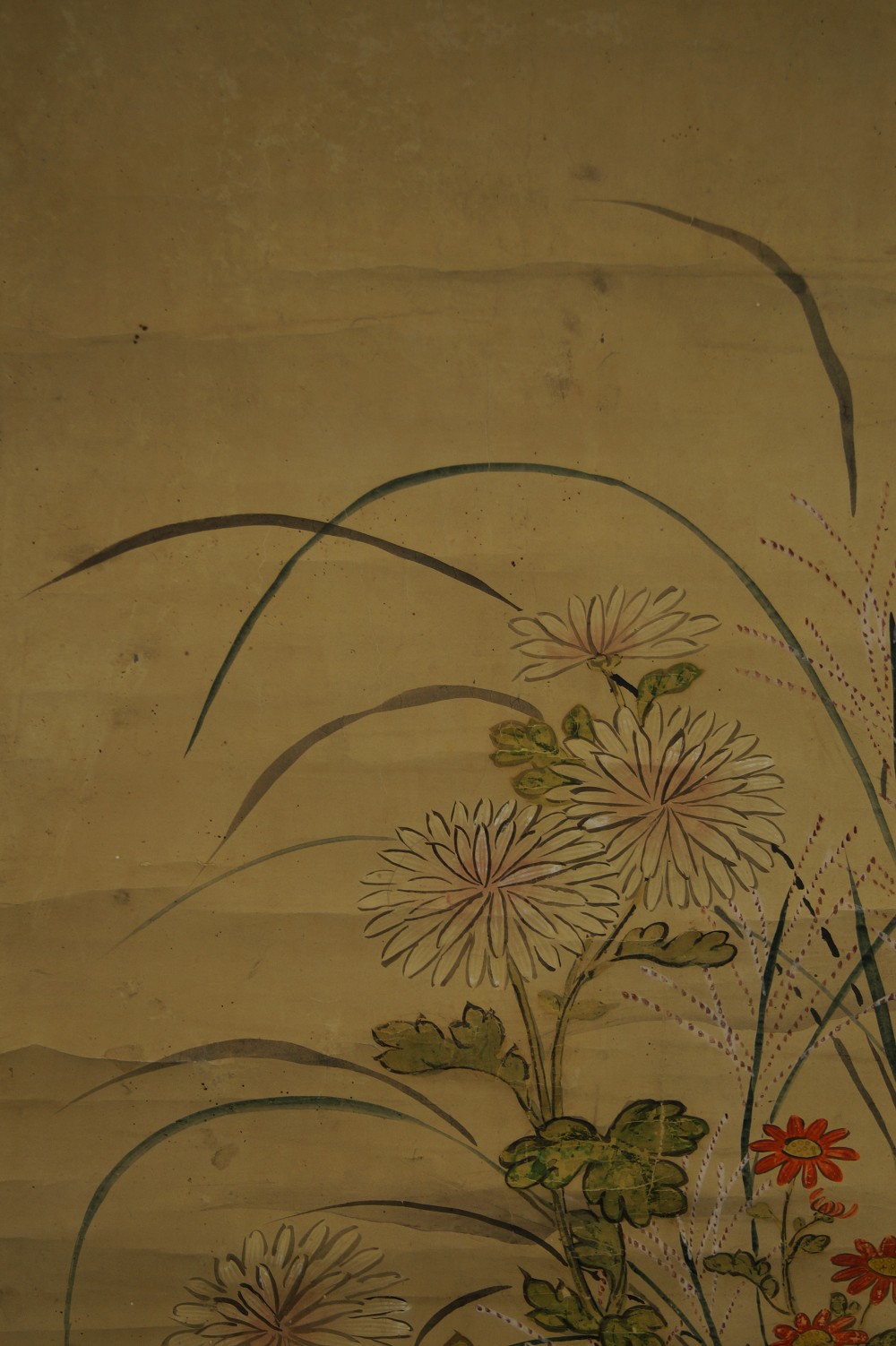 Japanese hanging scroll chrysanthemums motif close-up 1
