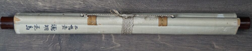 Rolled Up Kakemono Singing Bird on Cherry Blossom Branch with Closing Tie and Inscription