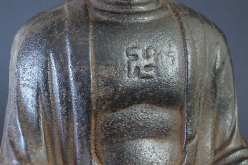 Japanese Iron Buddha Figure Manji Symbol Close-Up
