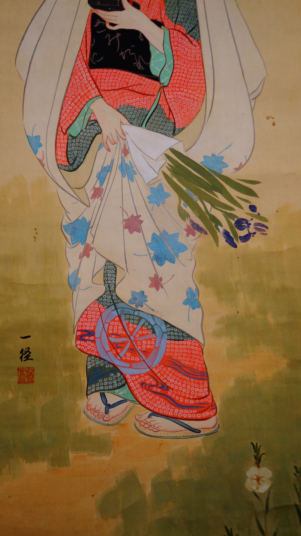 Flowers of Remembrance hanging scroll by Murata Ikkei kimono motif close-up 2
