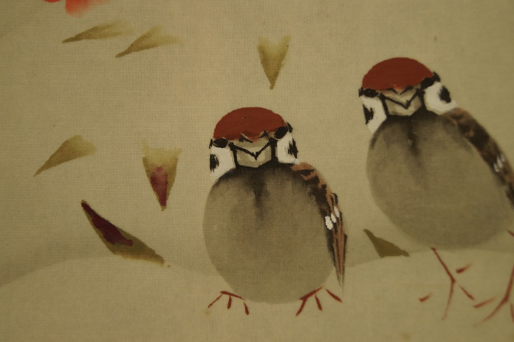 Zwei Spatzen im Winter Kakemono Spatzen Motiv Nahaufnahme 2