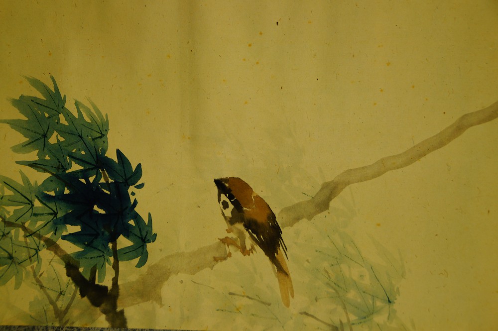Sparrow on Bamboo Branches Hanging Scroll by Matsuura Shodo Sparrow Motif Close-Up