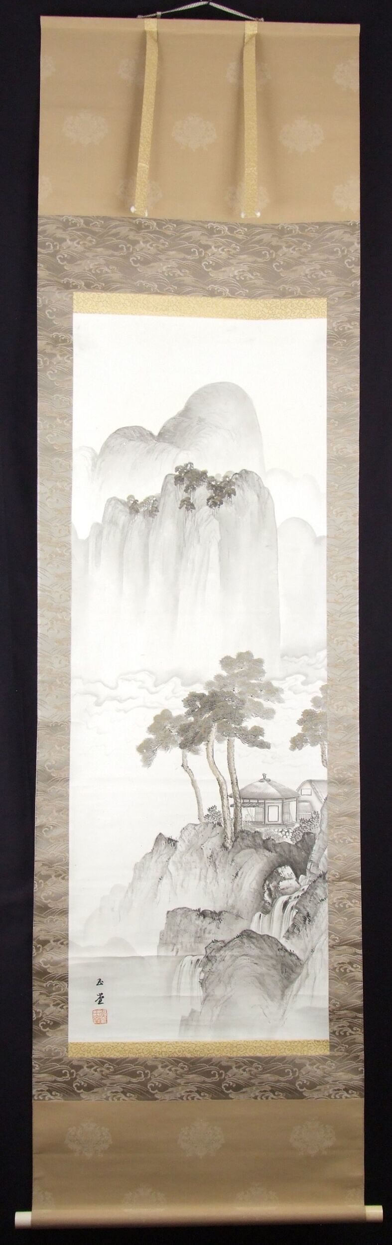 Hanging scroll Landscape with Pavilion by Kawai Gyokudo in full mounted view