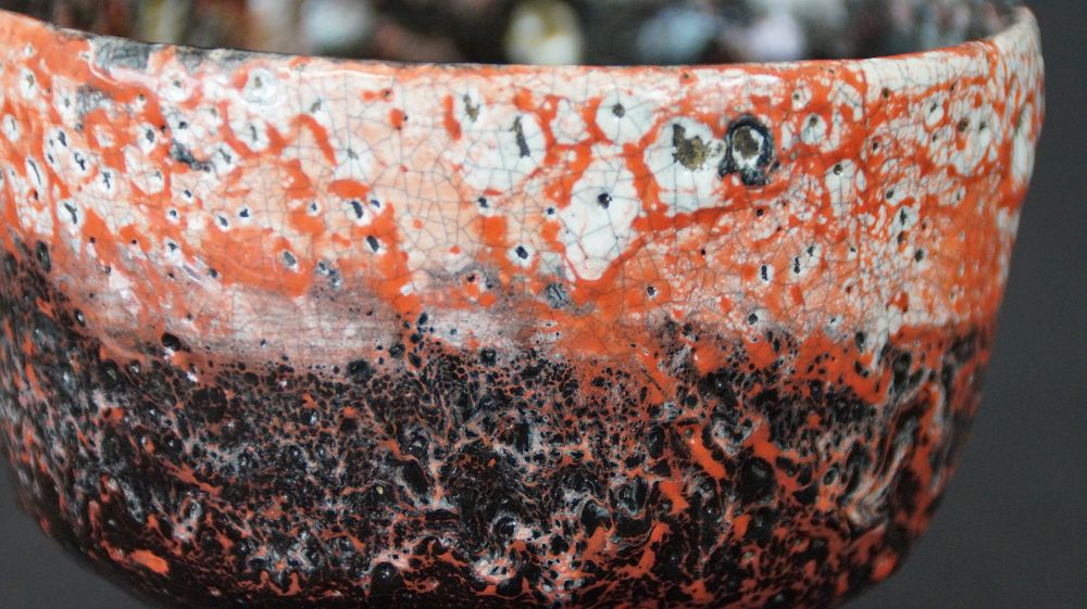 Close-up of the speckled rim of the Chawan Tea Bowl Made of Raku Ware