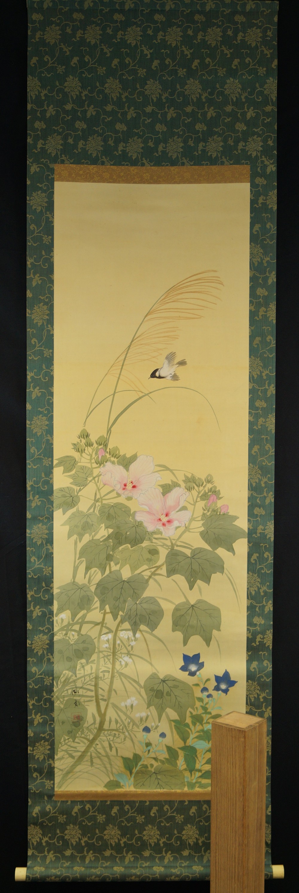 Sparrow and Flowers by Seido Overall View Hanging Scroll