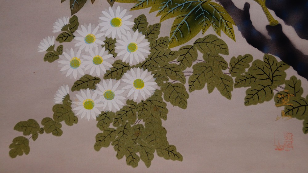 White chrysanthemums with visible red artist's seal in the lower part of the image