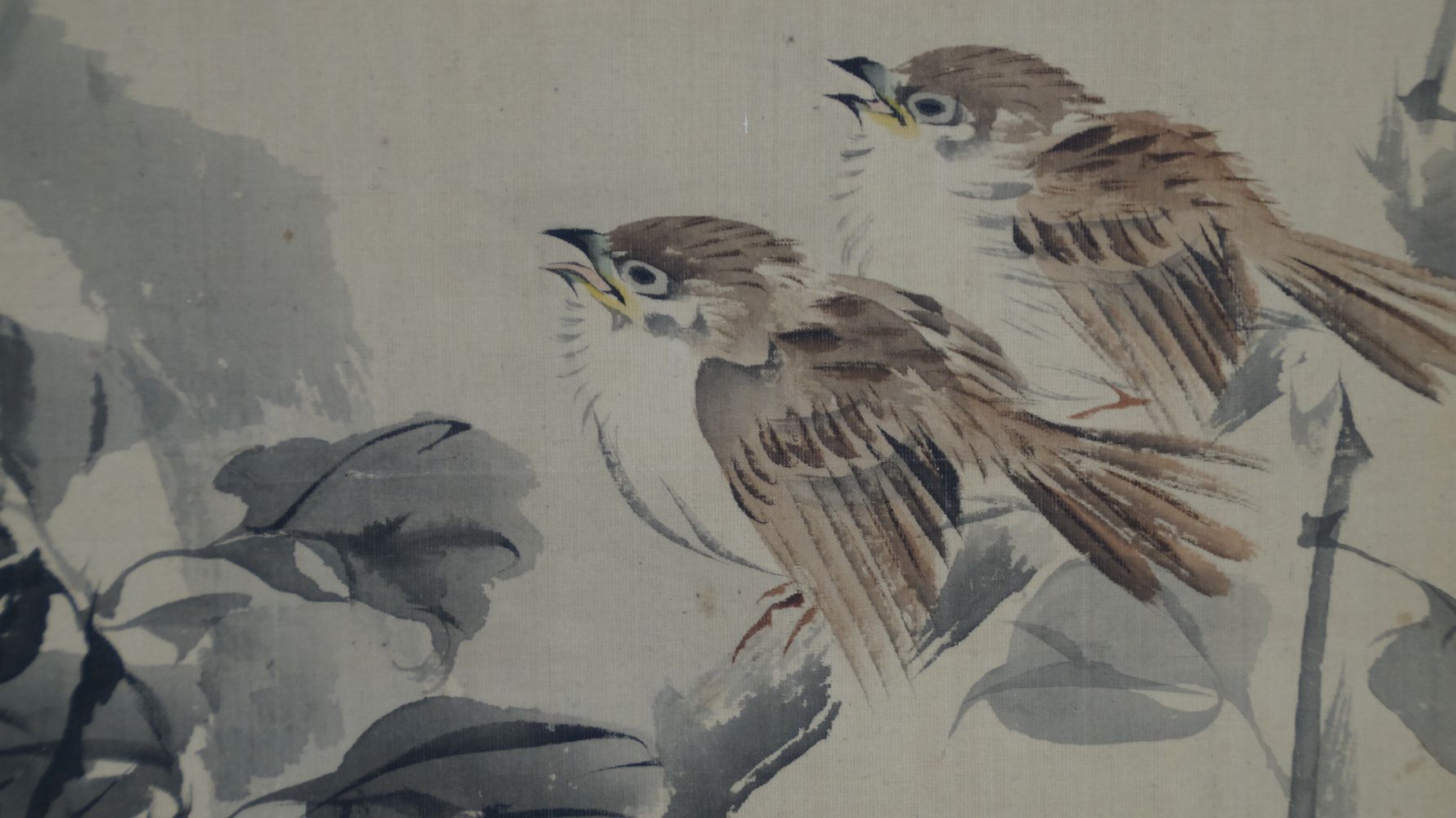 Close-up of two chirping sparrows on a branch in the hanging scroll sparrows on the fruit tree