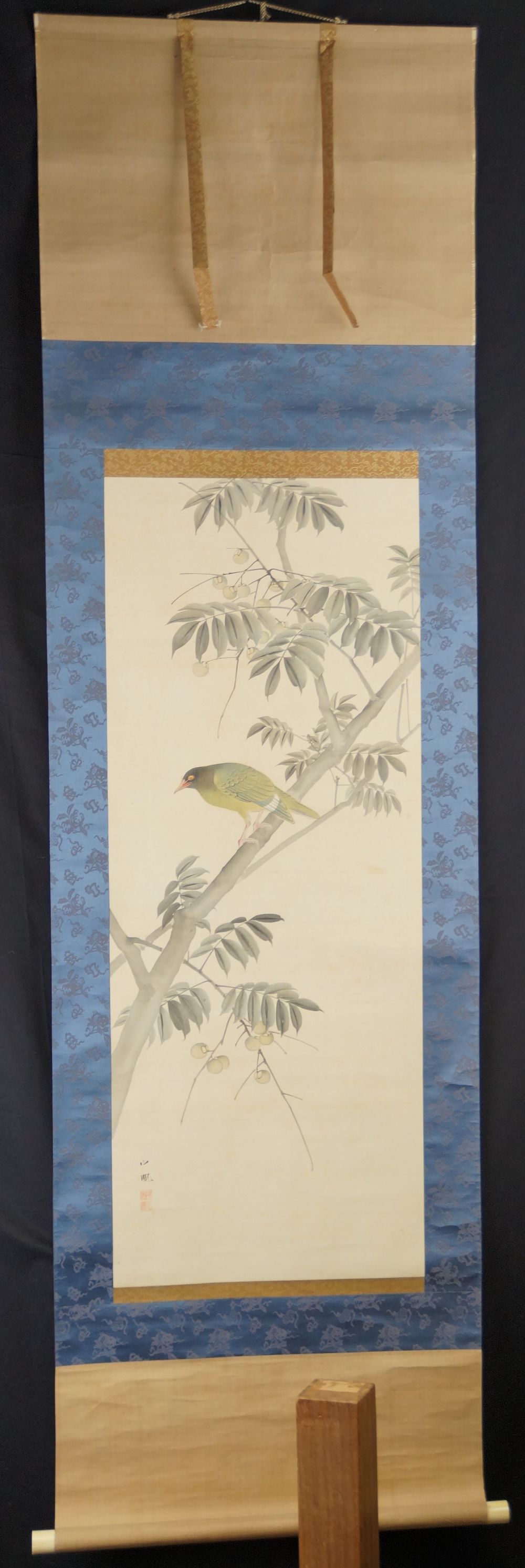 Bird on Fruit Tree as Kakemono in Full View with Blue Hanging Scroll Mounting