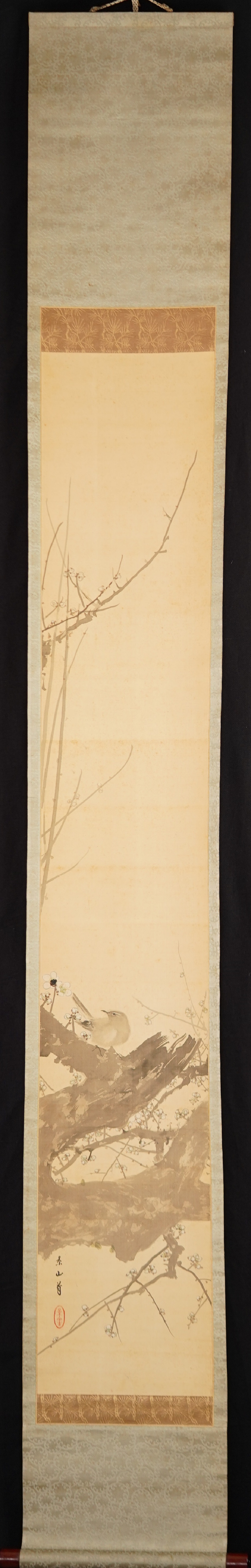 Kakemono Songbird on Blossoming Plum Tree in Full Mounted View