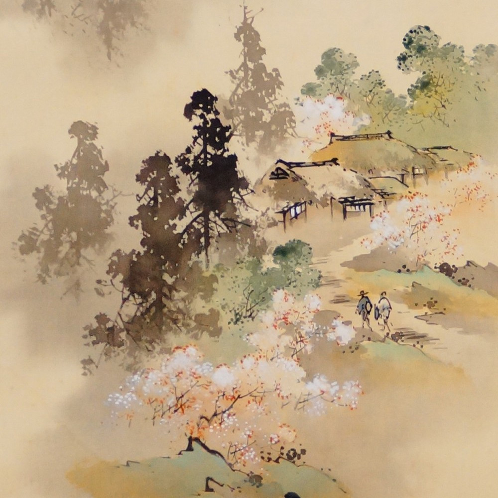 Fruehlingsdoerfchen im Nebel Kakemono von Ozeki Keishu Motiv Nahaufnahme Vorschau