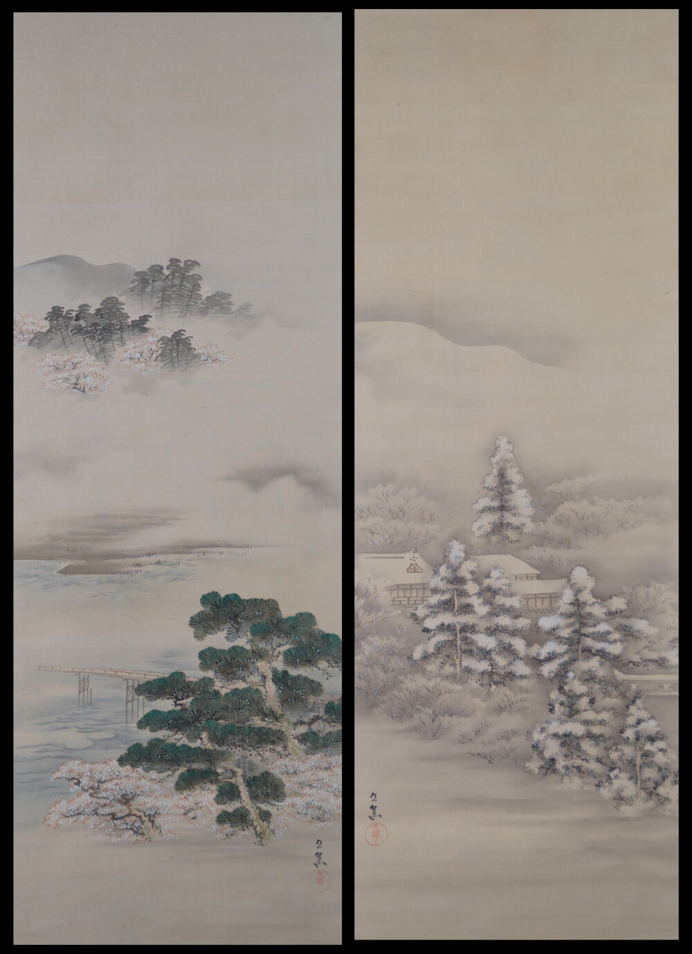 Weitere Gesamtansicht der beiden Rollbilder Winter und Fruehling des 2er Sets Kakemono Ikeda Kyuka mit haengenden Bindebaendern