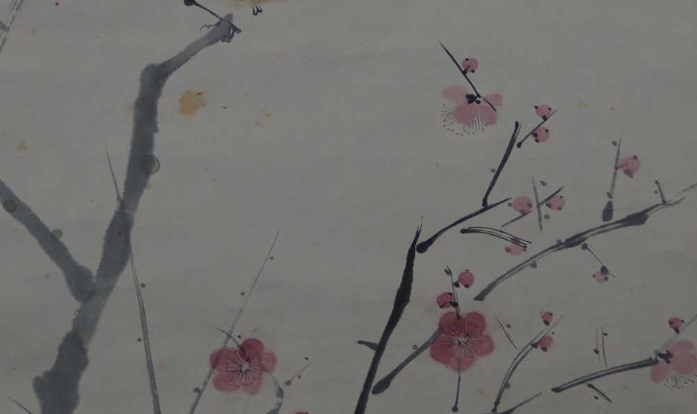 Kakemono by Yoshida Shūkō: nightingale on a plum branch, in color on silk.