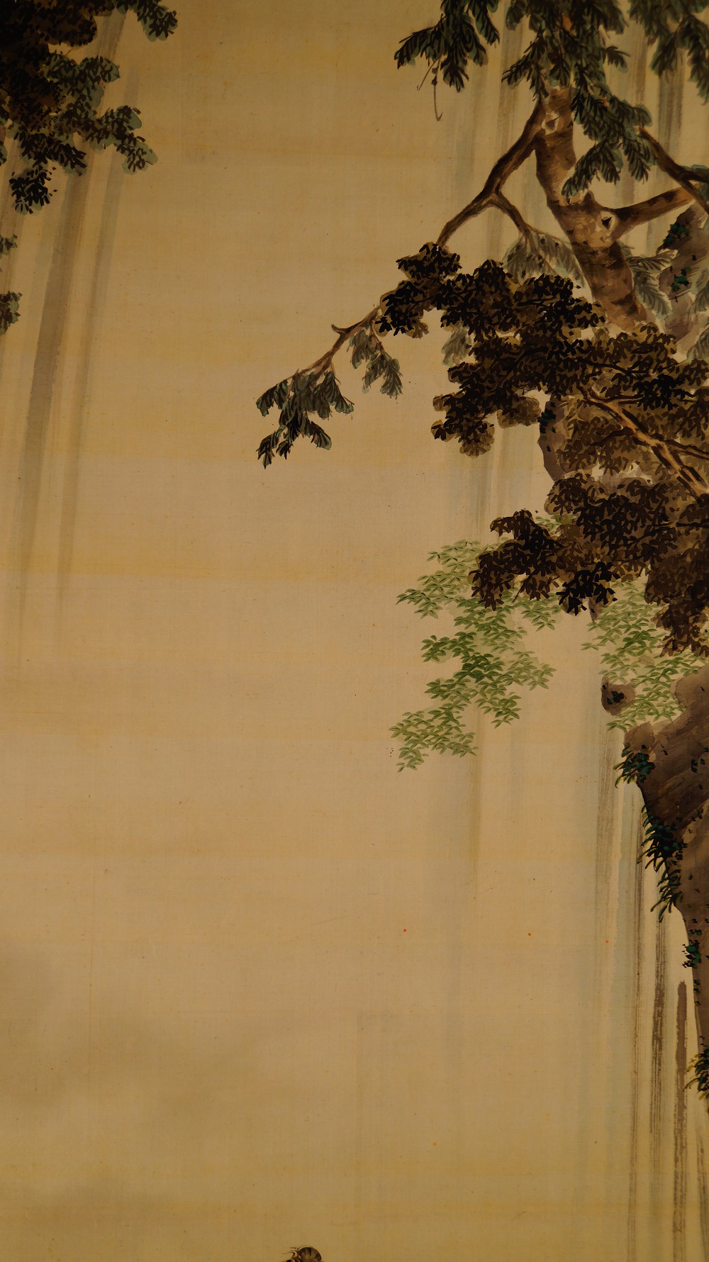 Close-up of the pine branches at the upper edge of the image in the kakemono carp under the waterfall by Takekawa Tomohiro